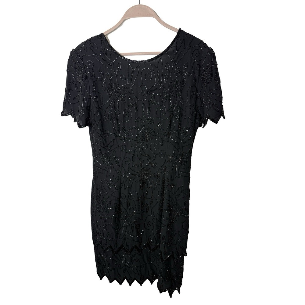 Stenay Womens Black Silk Beaded V-Neck Short Sleeve Sheath Dress Size 8